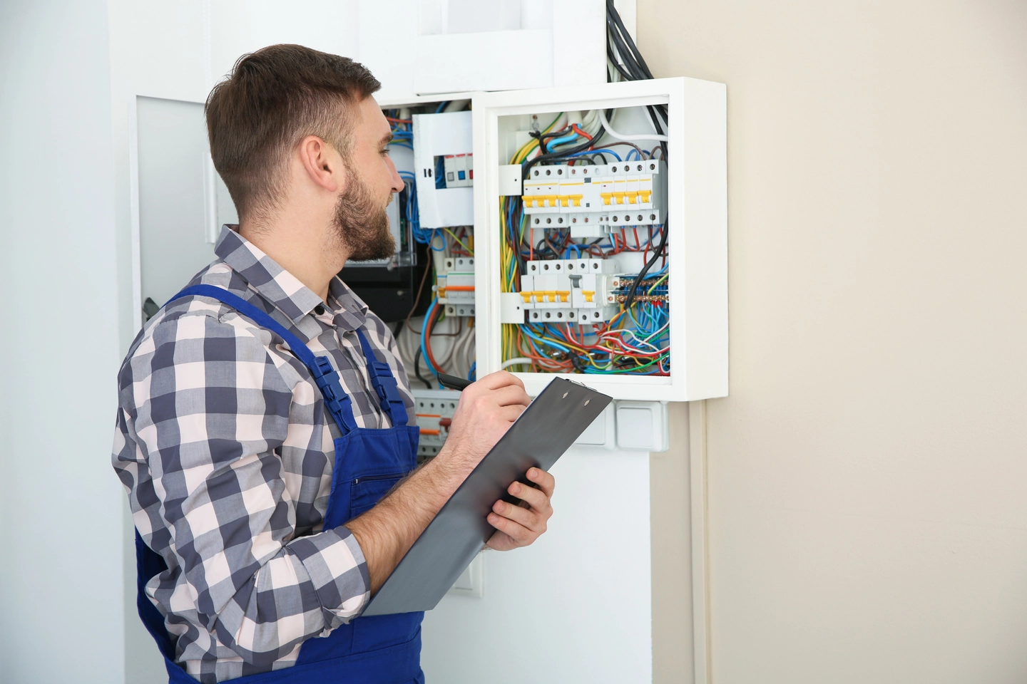 Elektrofachkraft dokumentiert den Zustand eines Sicherungskastens für die Bewertung der Erneuerungspflicht